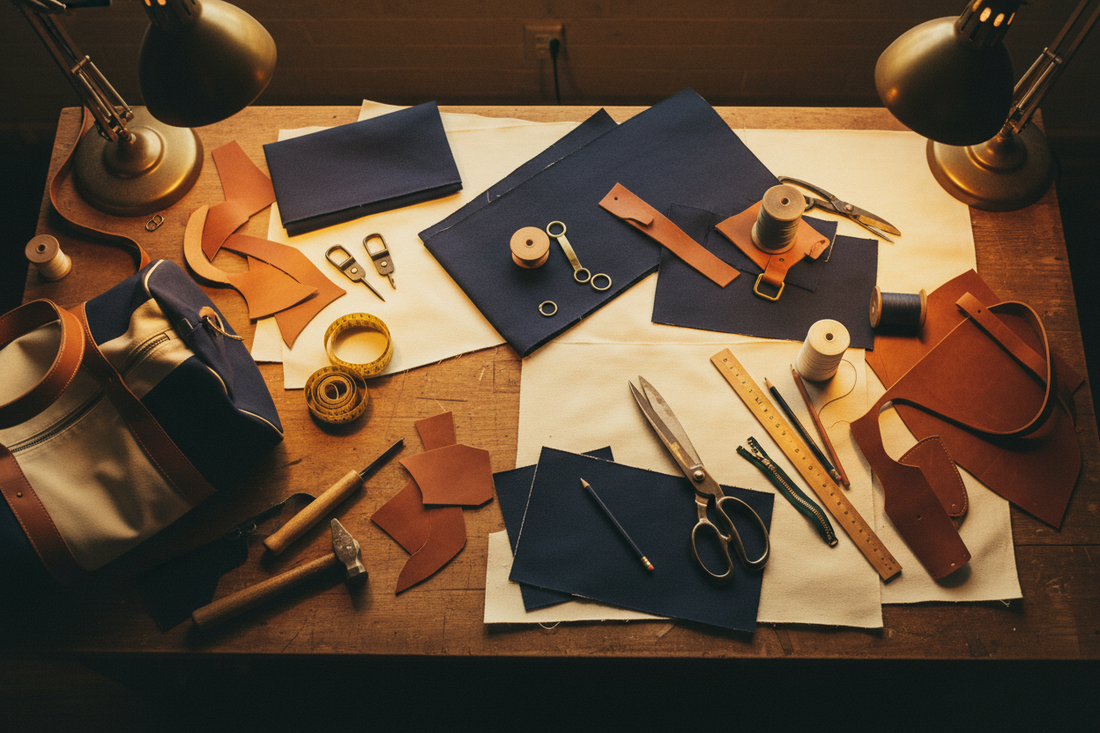 Some canvas and fabric in the table, with some tools making Basketball duffel bag