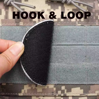 Hook and loop velcro backing detail of NBA embroidered patches on camouflage tactical gear, easy attachment system