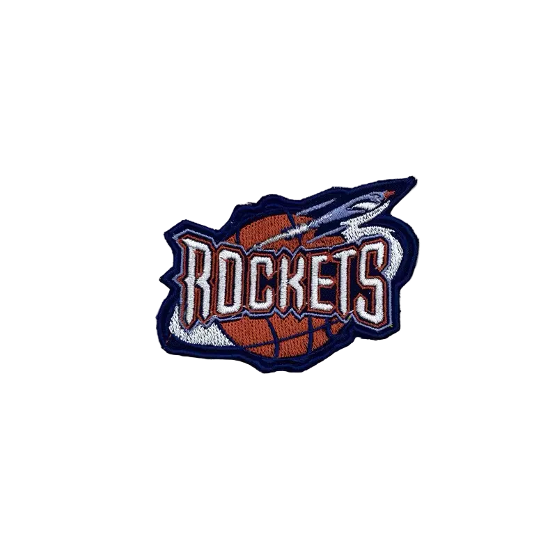 Houston Rockets vintage logo embroidered patch with basketball and rocket design, 7.5x5.8cm retro NBA team badge.