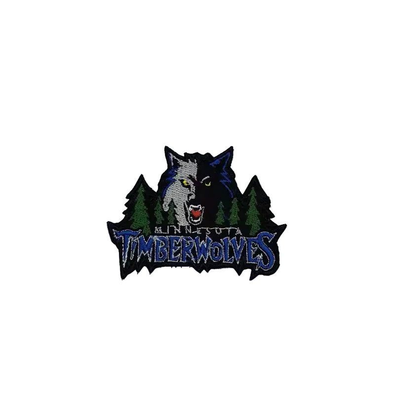 Minnesota Timberwolves vintage logo embroidered patch with wolf and forest design, 8x6cm hook and loop backing NBA team badge.