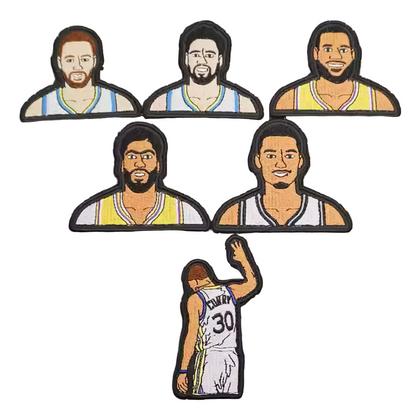 NBA star embroidered patch collection featuring Stephen Curry, Klay Thompson, LeBron James, Anthony Davis, and Victor Wembanyama portrait patches with Curry celebration pose