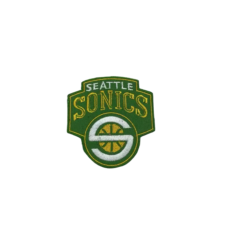 Seattle SuperSonics vintage logo embroidered patch with classic Sonics design, retro NBA team badge with hook and loop backing.